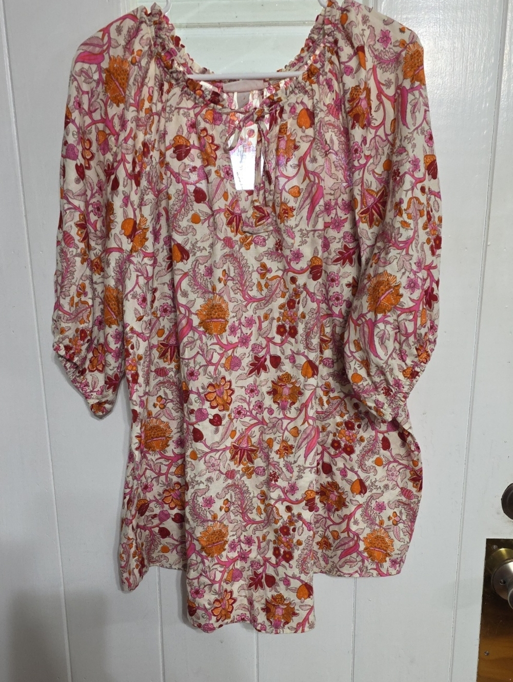 Knox Rose Women's Blouse Cotton Cream W/Pink/Orange Floral Elastic Comfort Sz 2X